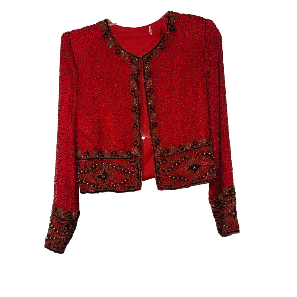 Vintage 1980s Laurence Kazar New York Red Beaded Silk Jacket